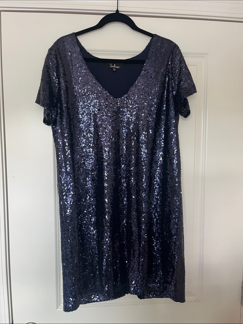 Lulu's Navy Blue Sequin V-Neck Shift Dress